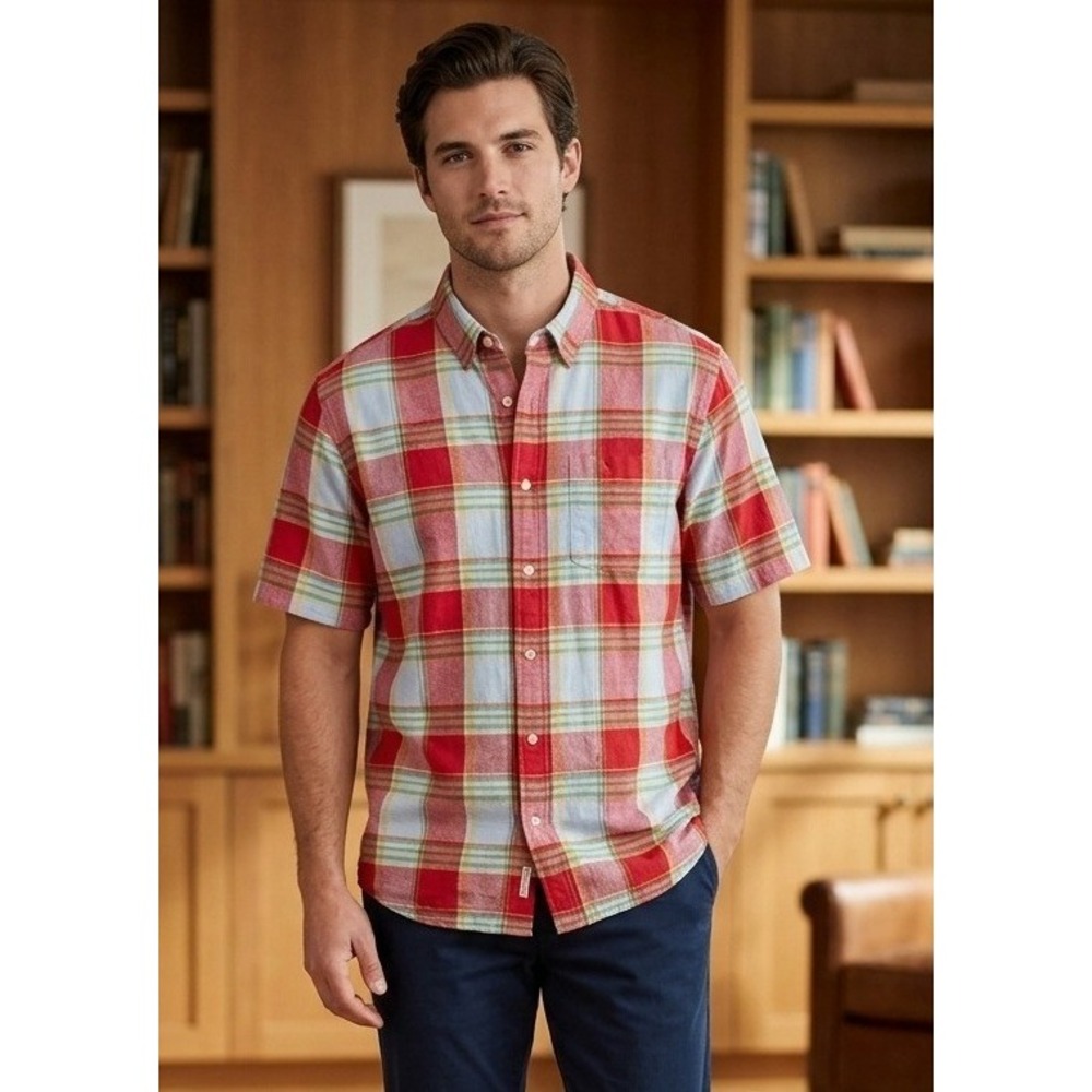 Lands End Plaid Linen Short Sleeve Button Down Shirt Men's XL Red White Casual